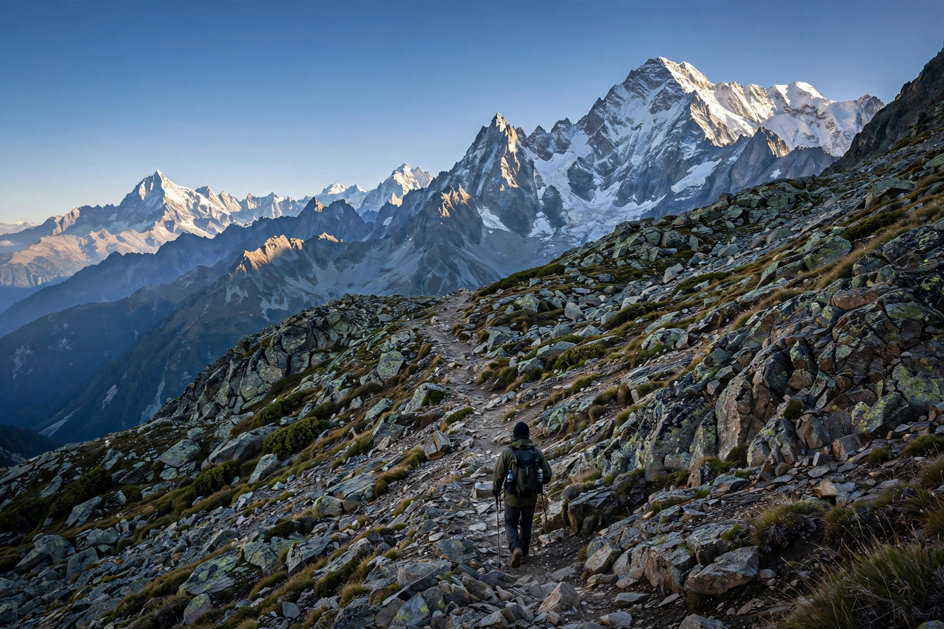 Hiker with backpack ascending a rocky high-altitude alpine trail toward snow-capped peaks above the tree line