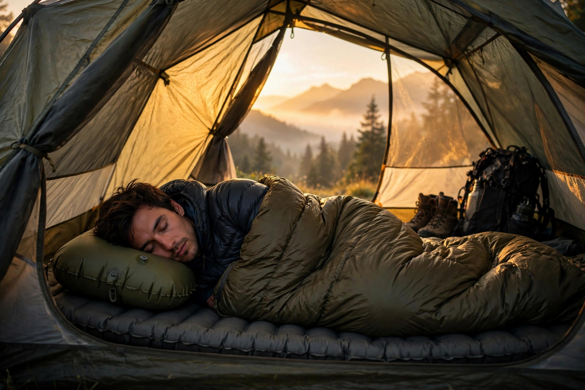 Backpacker sleeping on their side inside a tent at dawn, head resting on a small olive inflatable camping pillow