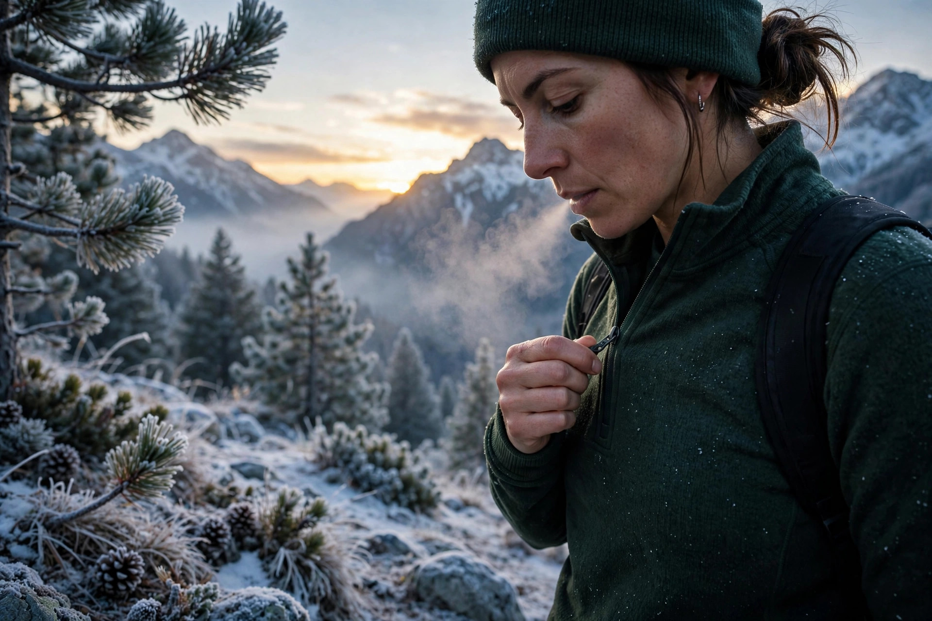 Hiker zipping up a dark green merino base layer at a frosty alpine trailhead at dawn, snow-covered pines behind