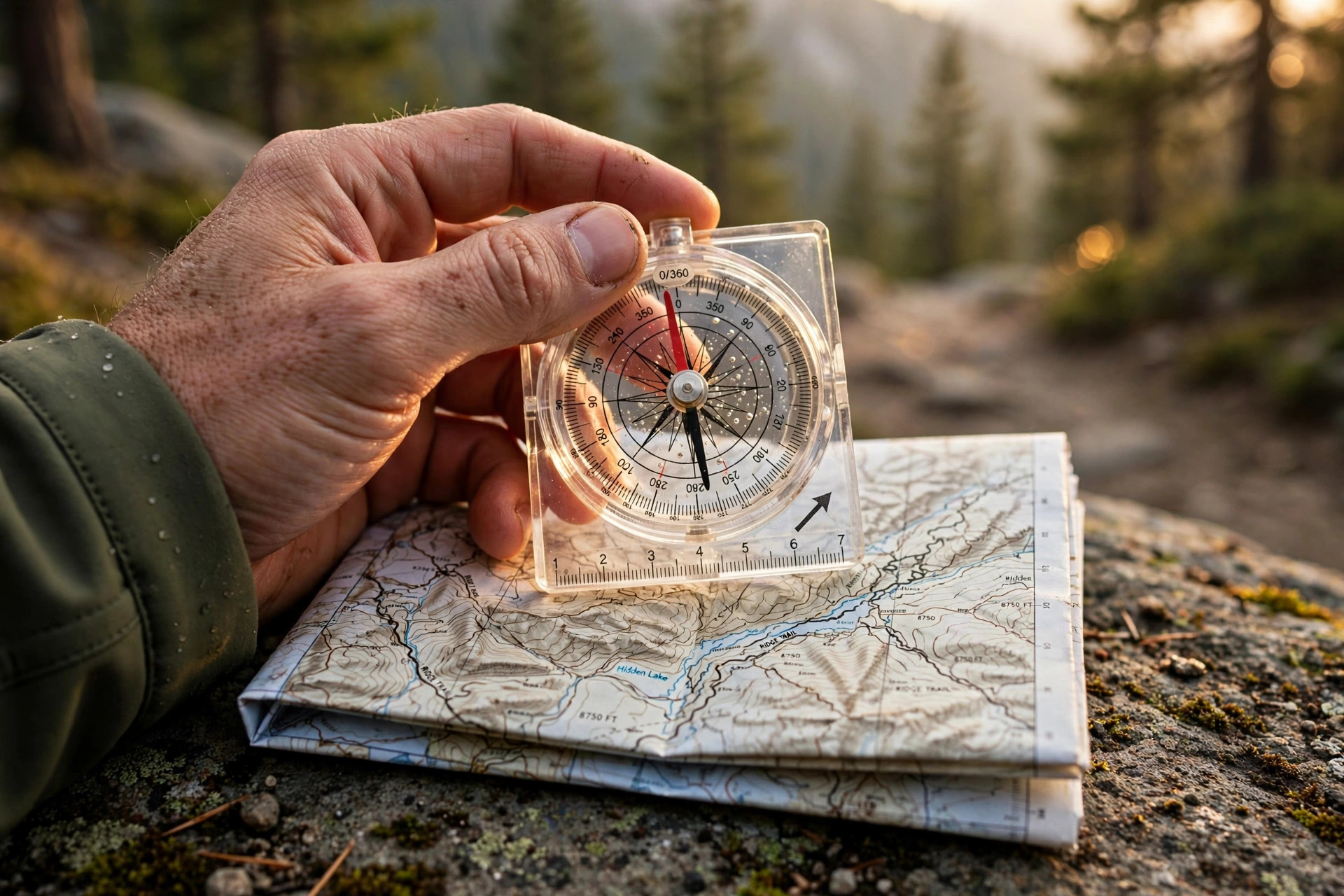 Hiker's hand holding a transparent baseplate compass over a folded topographic trail map on a rock at golden hour