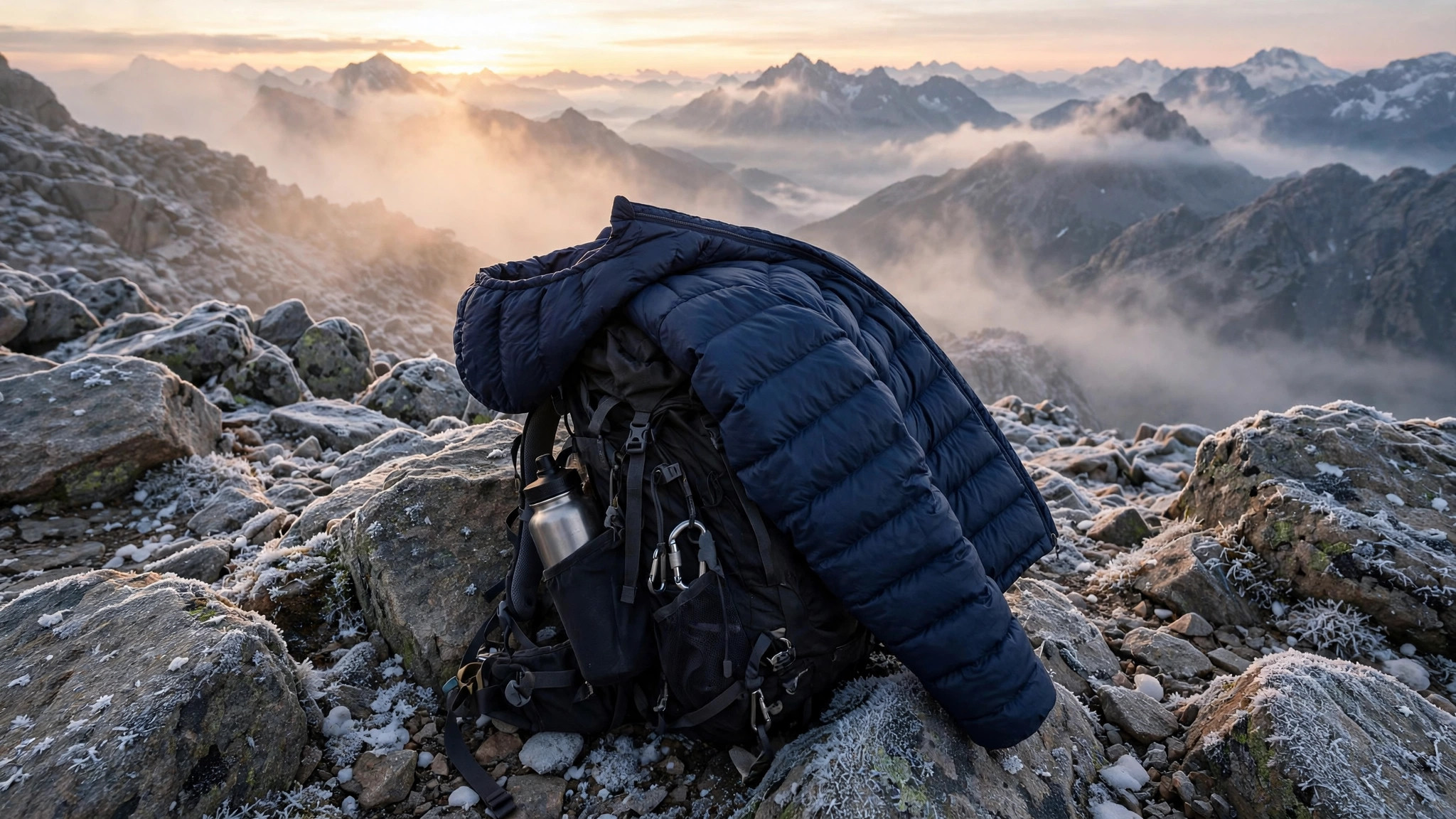 Navy puffy down jacket draped over a backpack on a rocky summit at sunrise
