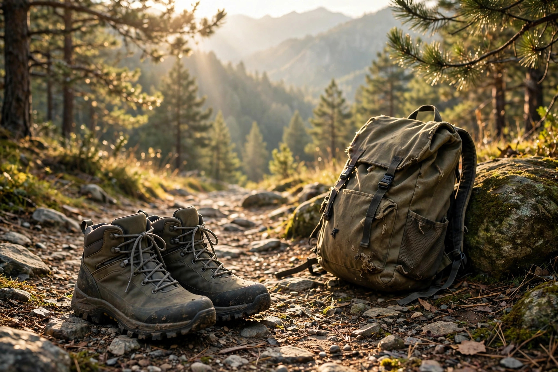 Mid-cut hiking boots and a daypack on a rocky forest trail at sunrise with mountain ridges behind