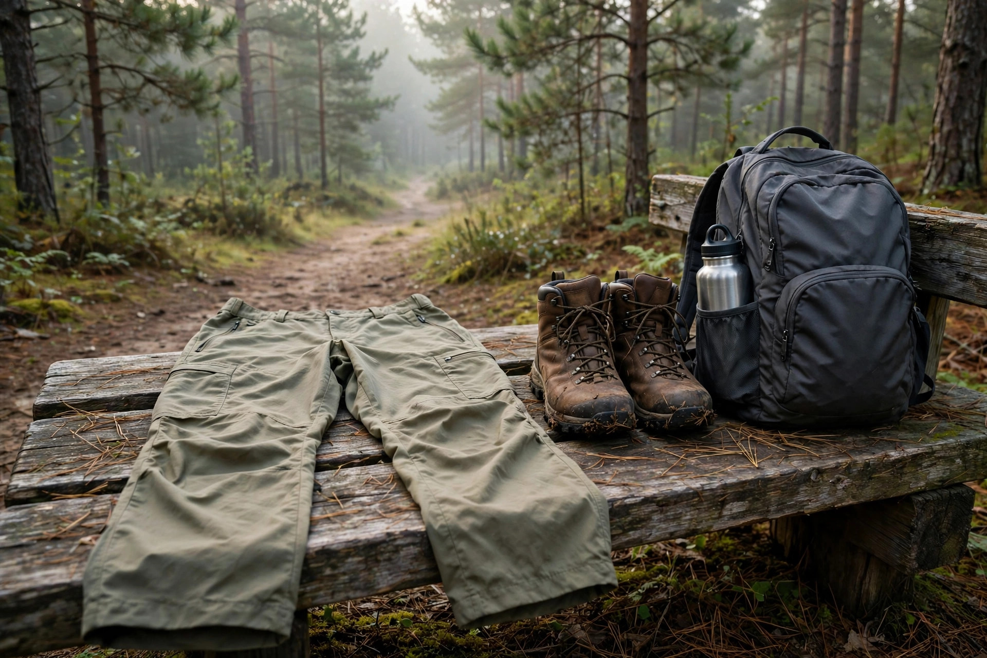 Khaki hiking pants laid out on a wooden trailhead bench with brown hiking boots and a gray daypack, misty pine forest behind