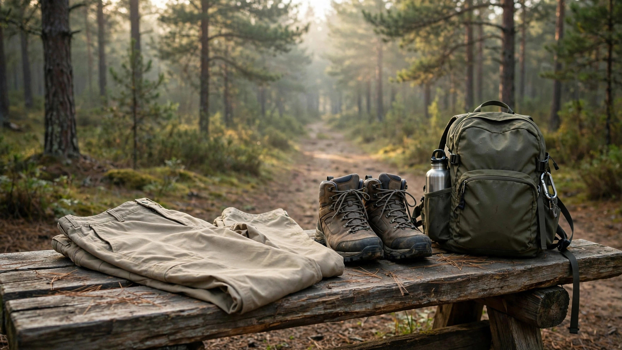 Hiking pants laid out on a trailhead bench with boots and daypack, forest trail behind