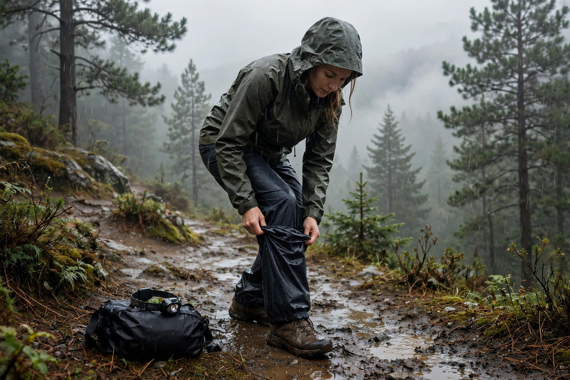 Hiker pulling on rain pants over hiking boots on a rain-soaked mountain trail