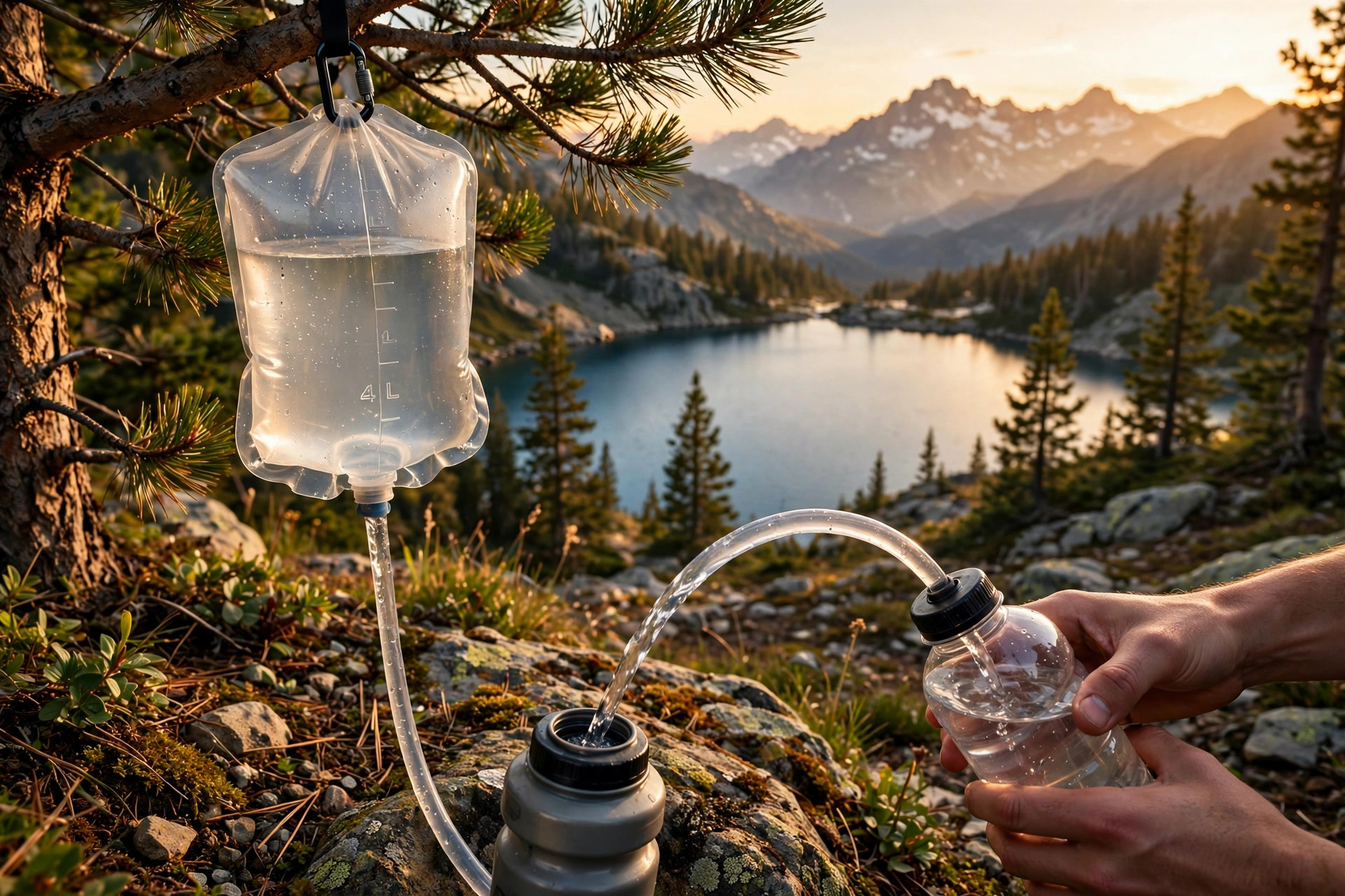 Gravity water filter reservoir hanging from a pine branch with a hose filling bottles beside an alpine lake at golden hour