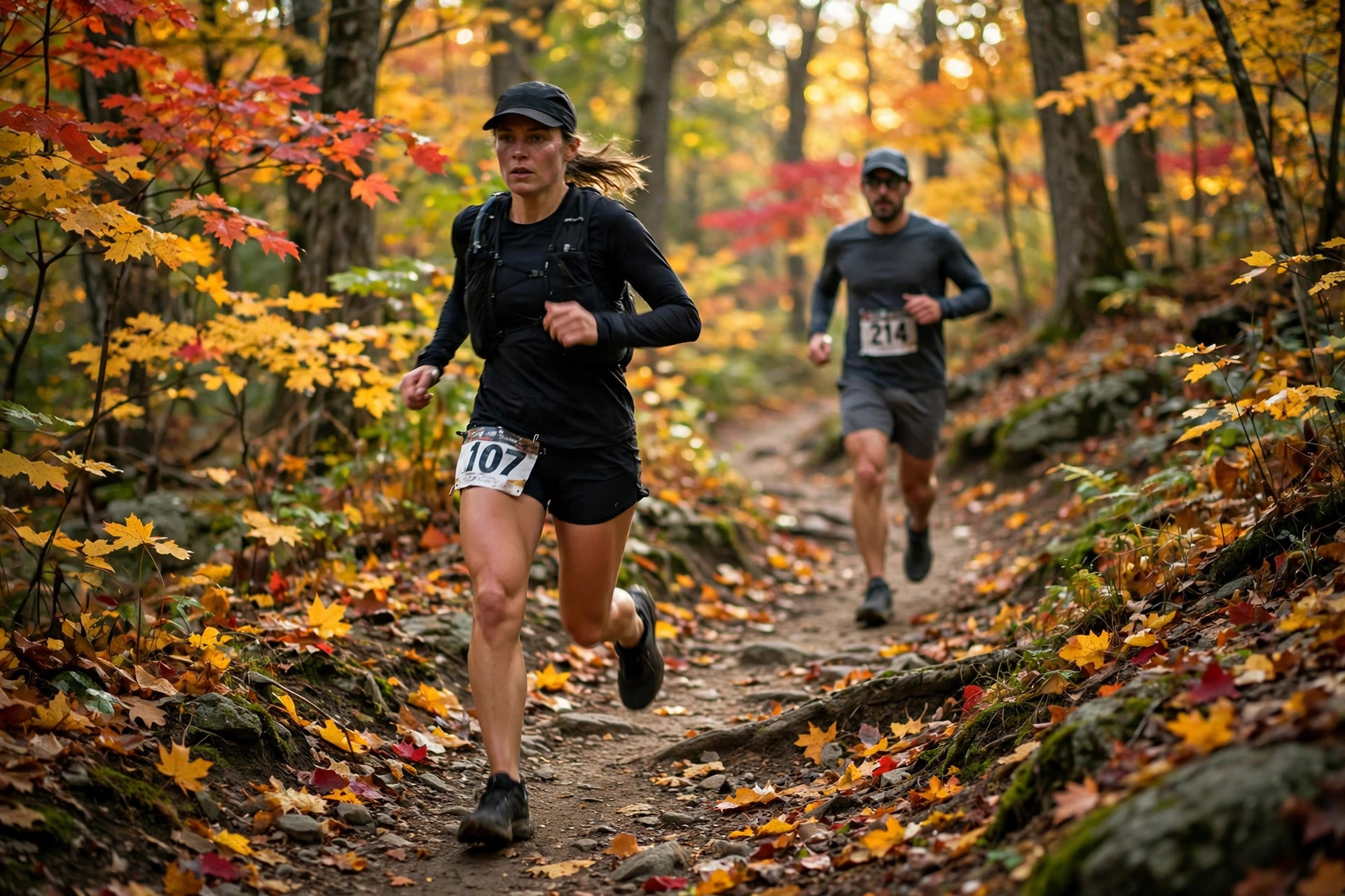 Trail runners racing on a rocky singletrack trail through autumn forest with fall foliage