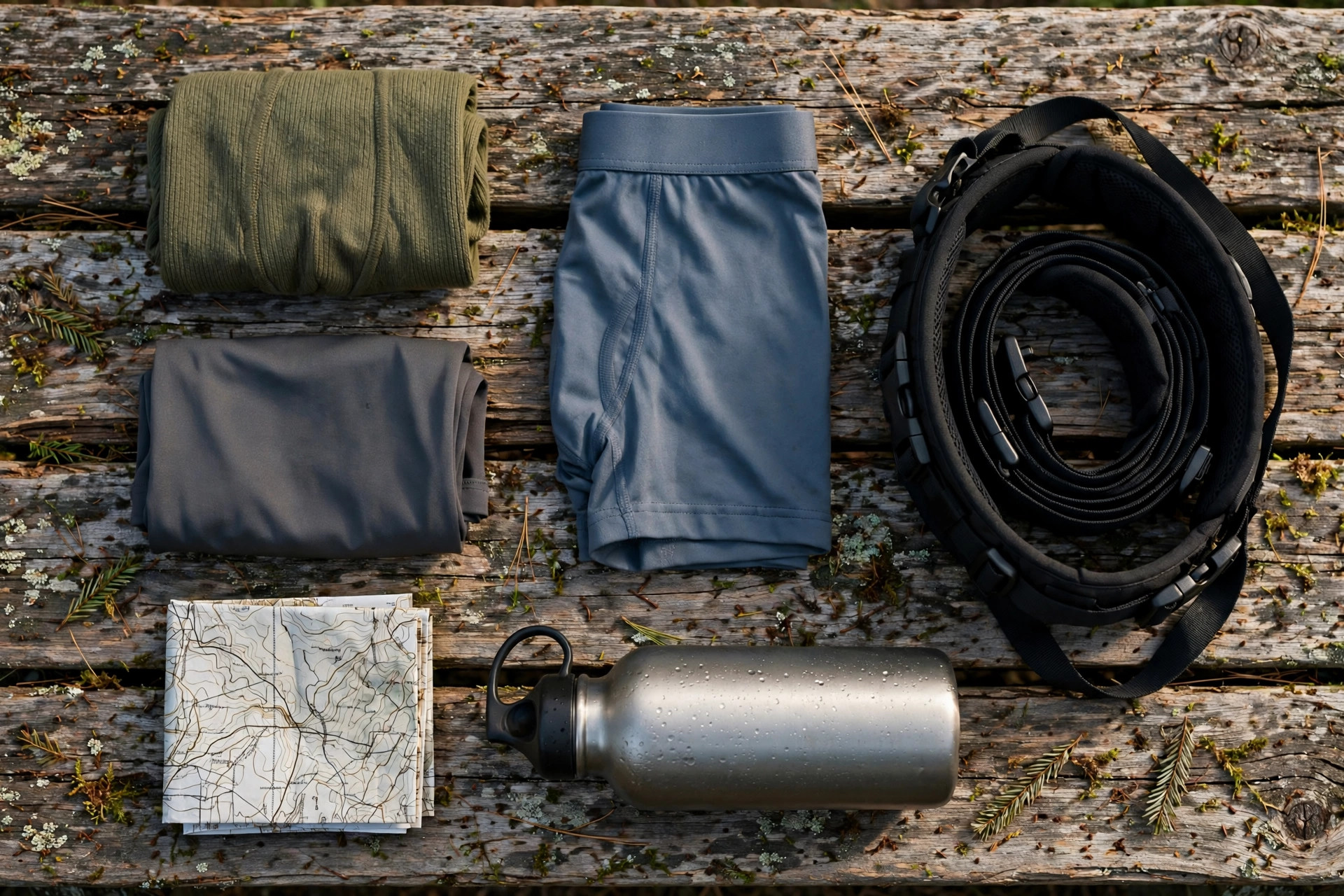 Flat-lay of merino wool and synthetic hiking underwear in earth tones on a wooden trailhead bench next to a backpack and trail map