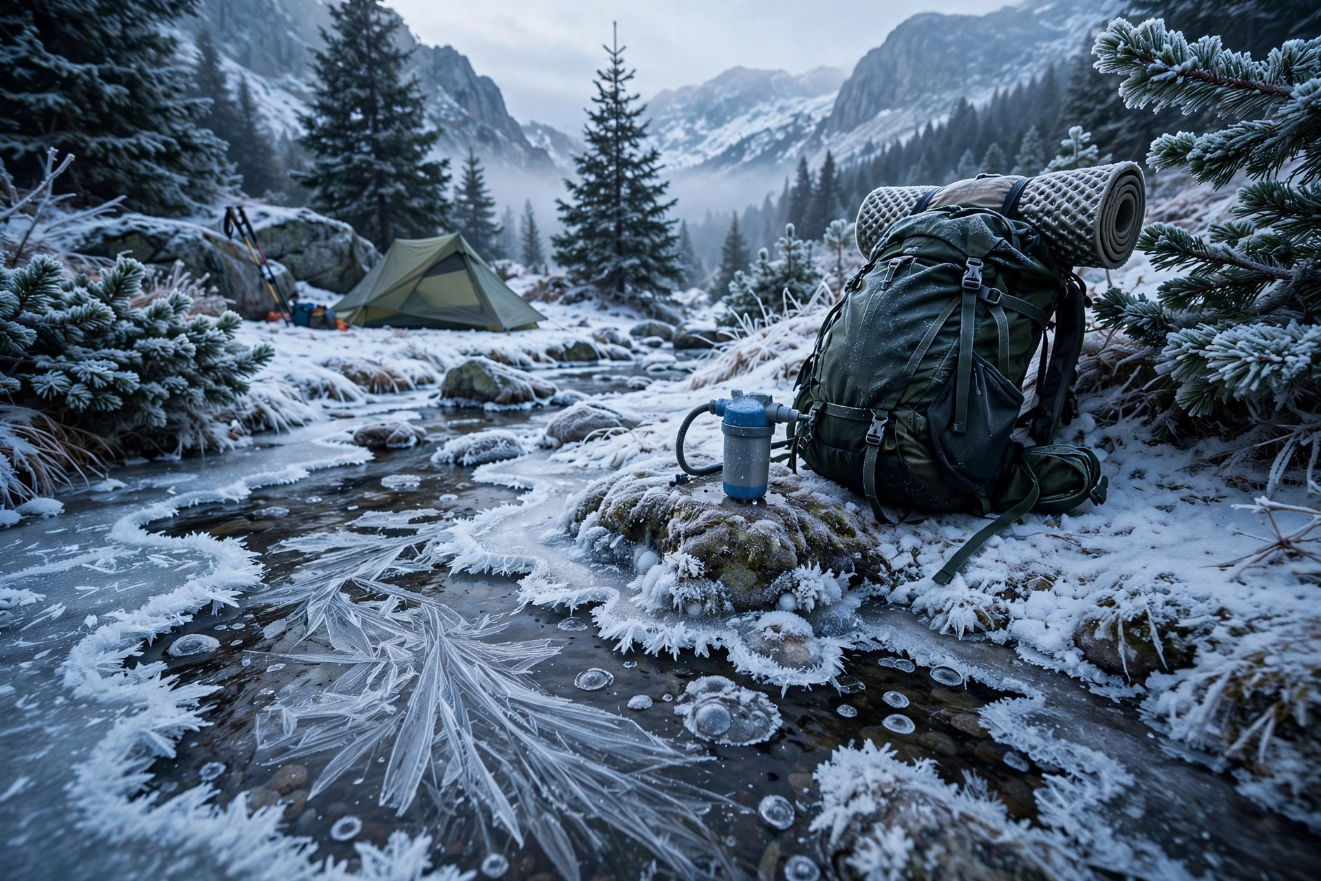 Backpack and portable water filter beside a frost-covered mountain stream at a snowy winter camp
