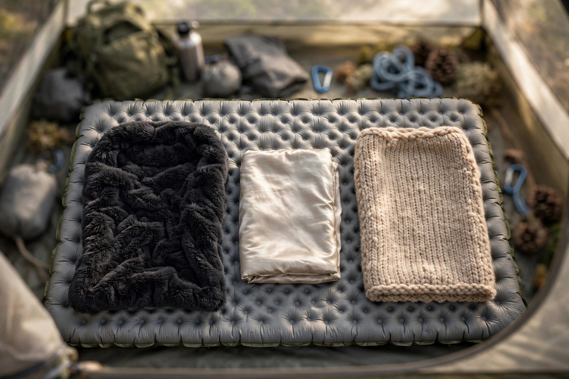Three sleeping bag liners — a fluffy synthetic liner, a folded silk liner, and a knit merino wool liner — laid on a sleeping pad inside a tent