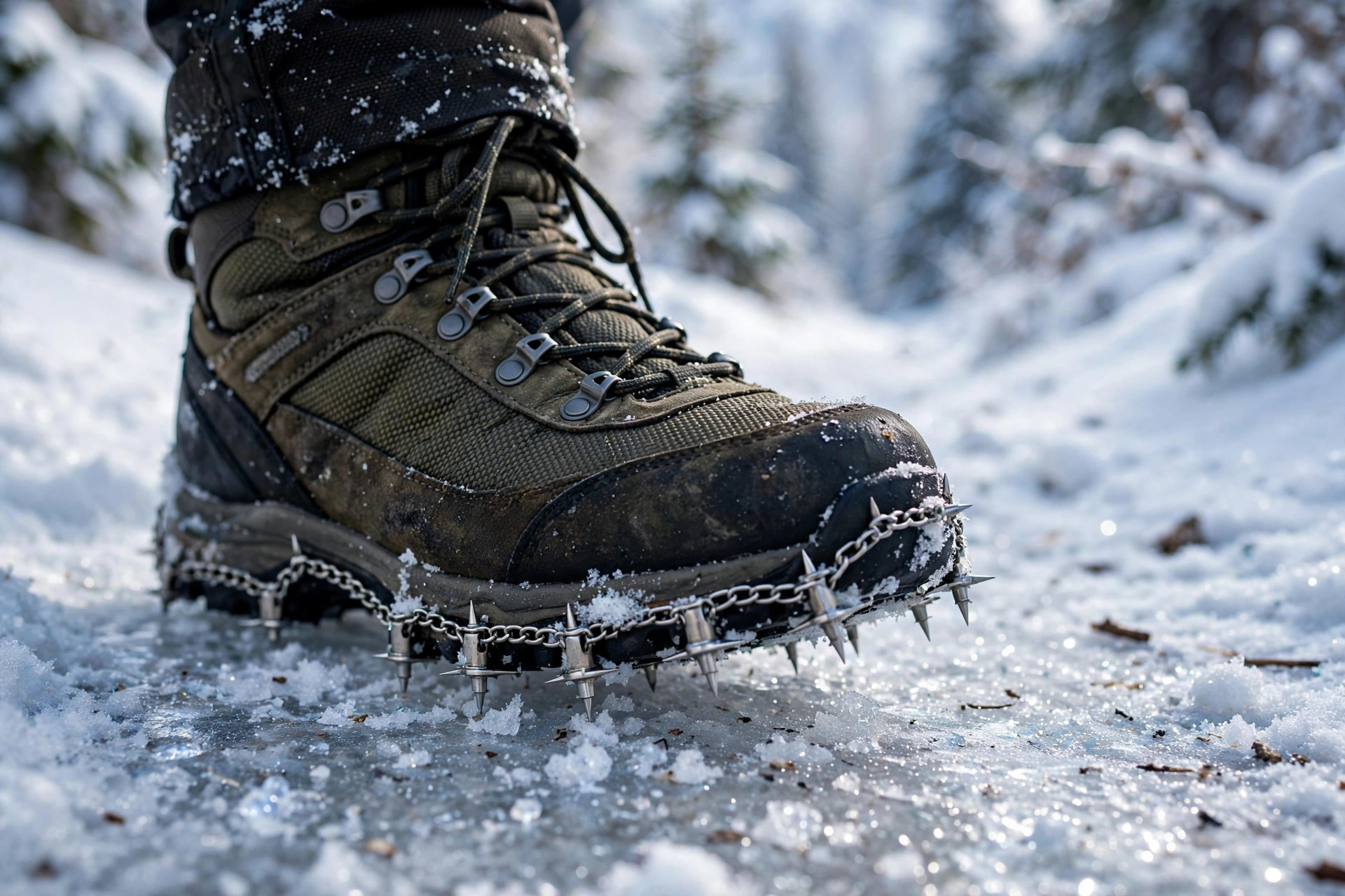 Hiking boot with metal traction spikes on an icy snow-covered trail