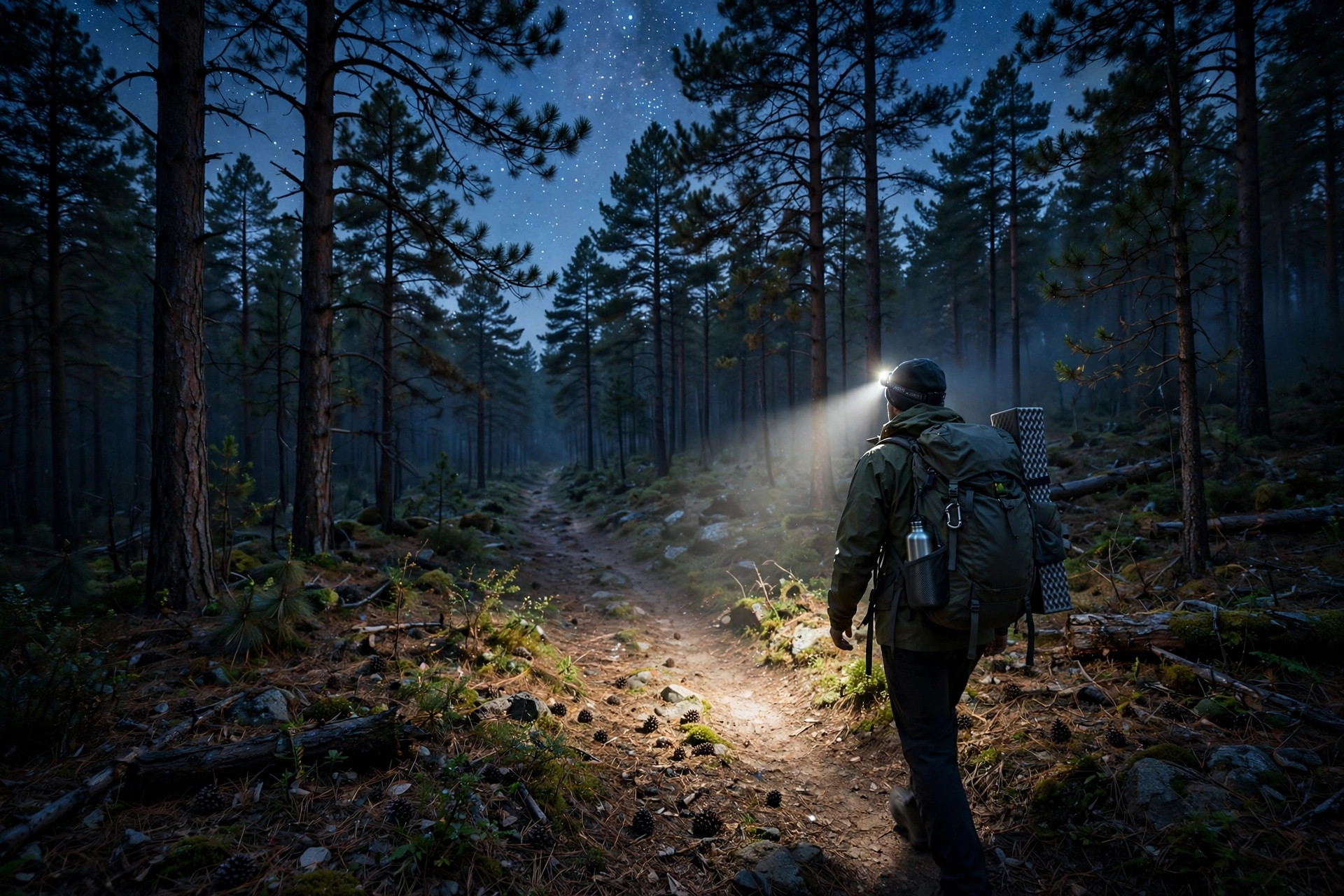 Hiker walking a forest trail at night, headlamp beam lighting the path ahead under a starry sky