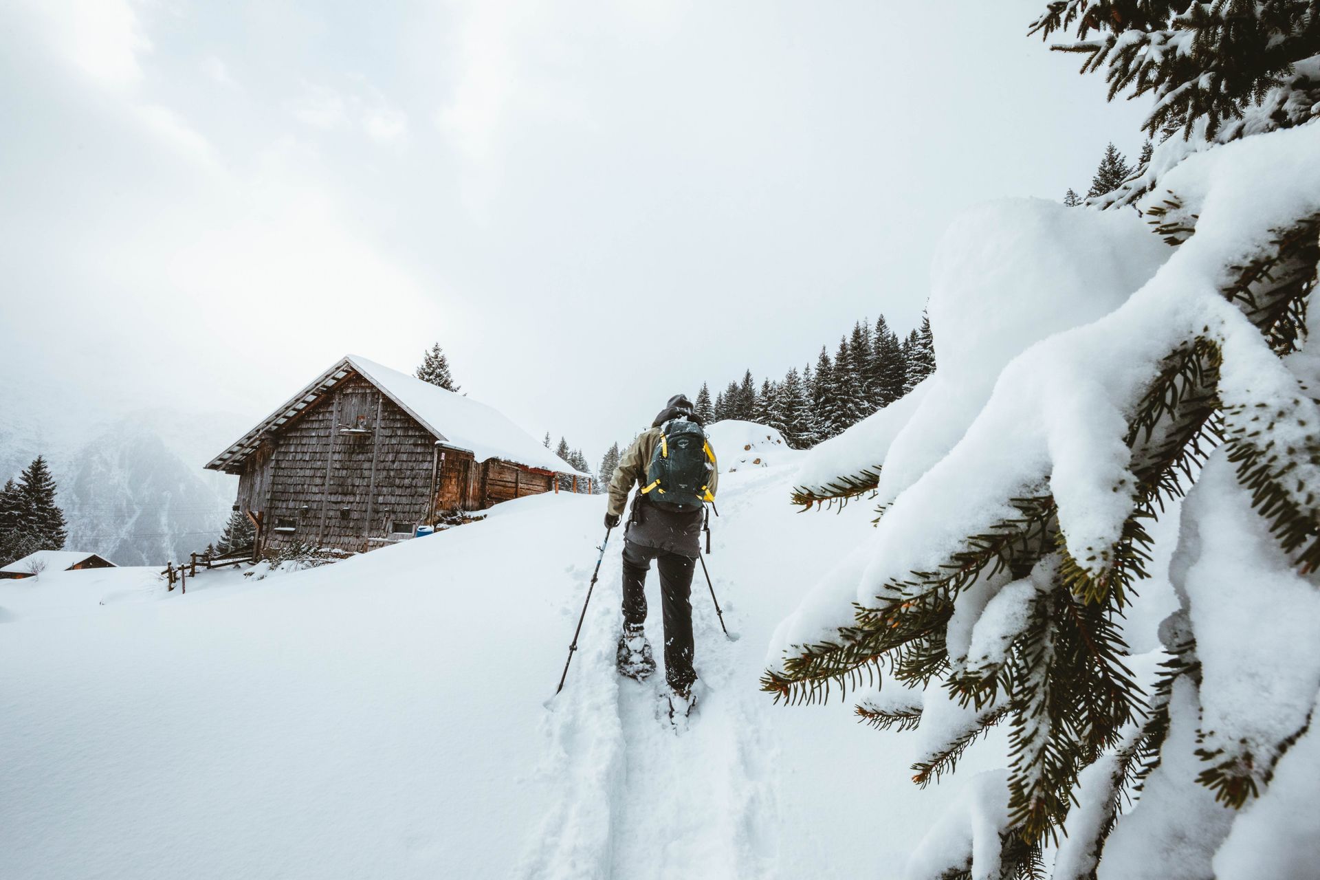 Hiker with trekking poles crossing a snow-covered mountain trail toward a wooden cabin, framed by snow-laden evergreens