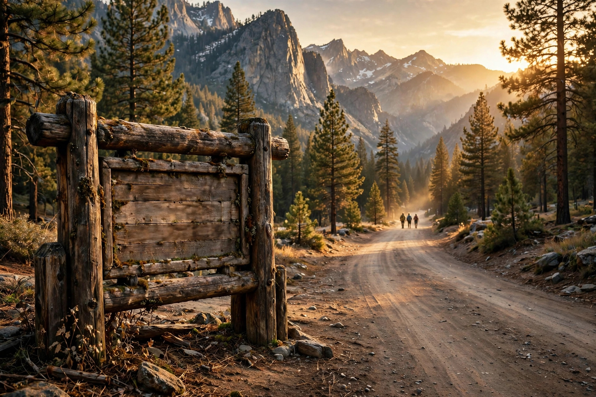 Wooden national park entrance sign at golden hour with granite mountain peaks and pine forest behind